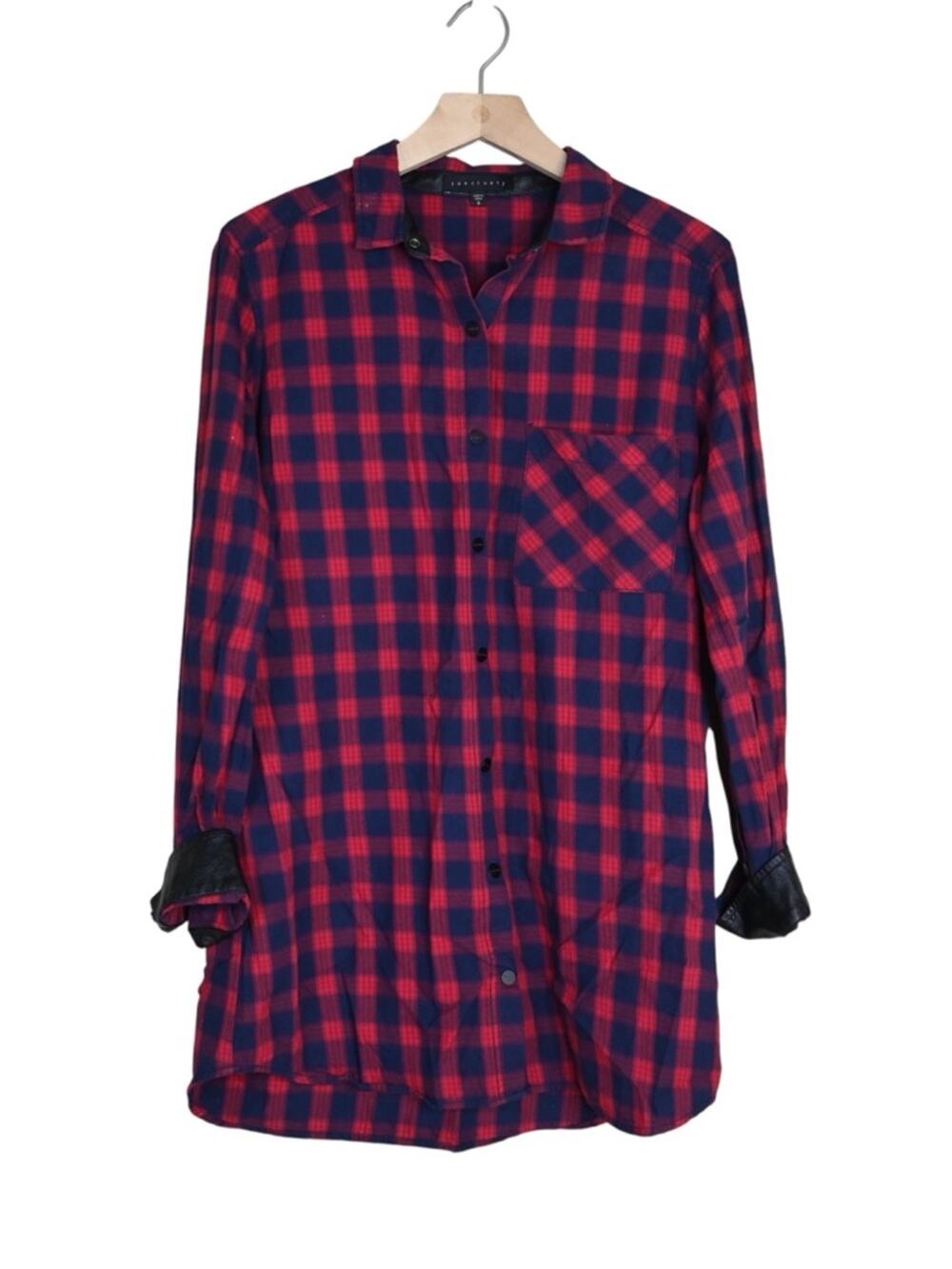 Sanctuary Women's S Red Plaid Faux Leather Cuff Tunic Top
